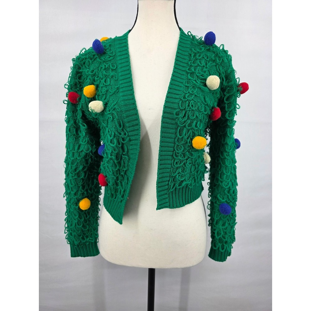 Mighty Fine Womens XS Green Christmas Tree Loopy Knit Pom Pom Cropped Cardigan